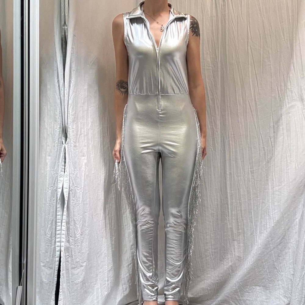 Cosmic Rodeo Modern Hero Costume Silver Metallic Jumpsuit Halloween Cowboy XS